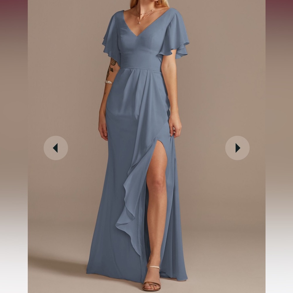 David’s Bridal FLUTTER SLEEVE BRIDESMAID DRESS WITH CASCADE,STEELBLUE
